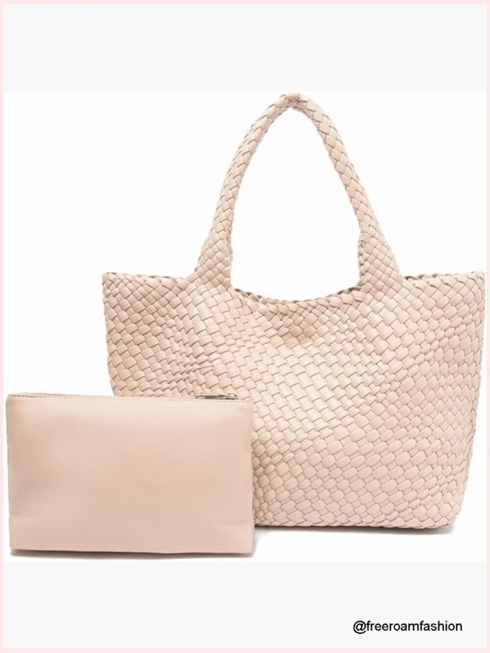 Large Woven Vegan Leather Tote Bag with Matching Pouch, Travel Handbag